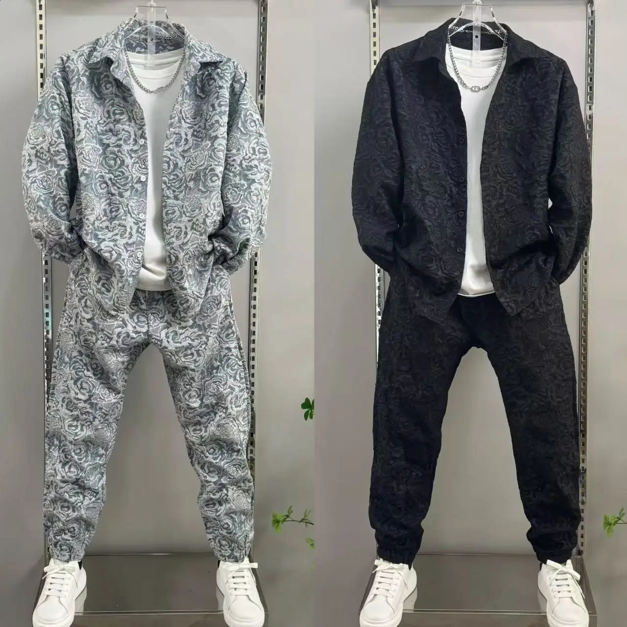 Spring and Autumn Mens Casual Suit Lapel Jacquard Shirt Trousers Twopiece Set Comfortable Loose 250916