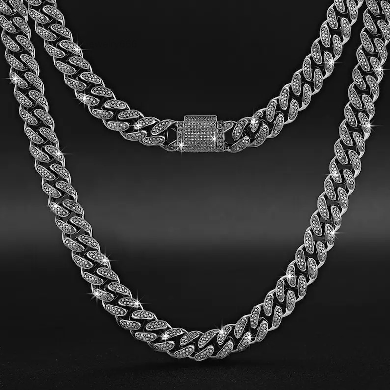 12mm Black Cuban Link Chain 925 Silver Hiphop Style Iced Out Men Necklace VVS Moissanite Cuban Chain