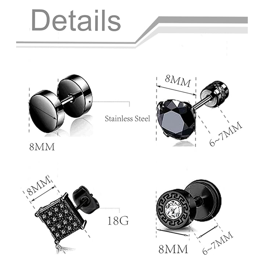 12 Pairs Stainless Steel Stud Earrings Cubic Zirconia Cartilage Barbell Earring Set for Men Women Black Tone 8mm