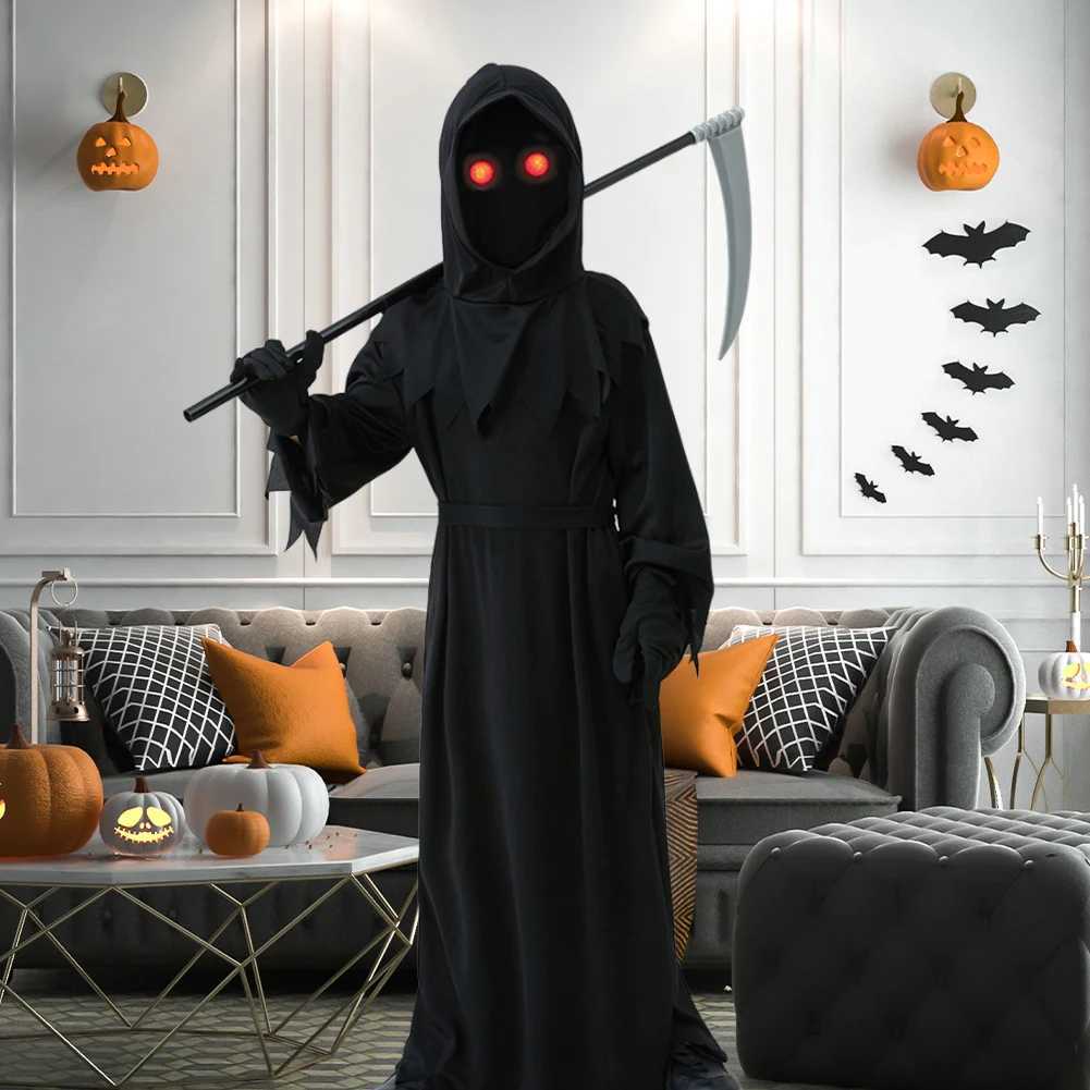 Halloween Cosplay Costume for Kids Scary Grim Reaper Skeleton Costume with Glowing Red Eyes Spooky Cos Robe Sickle Chain Props L250918