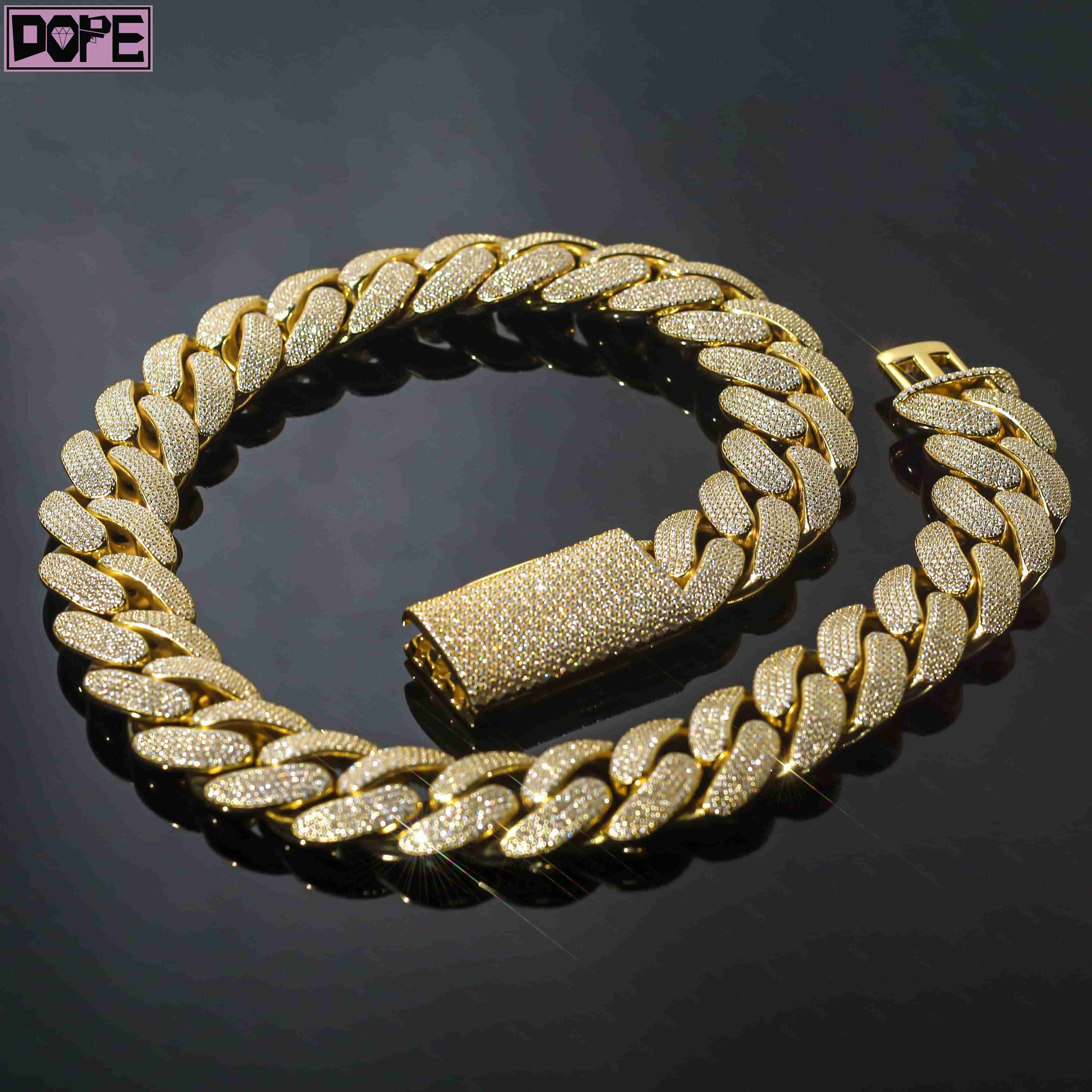 22mm Cuban Link Chain Curb Borderless 925 Silver 18k Gold Plated VVS Iced Out Miami Moissanite Cuban Chain