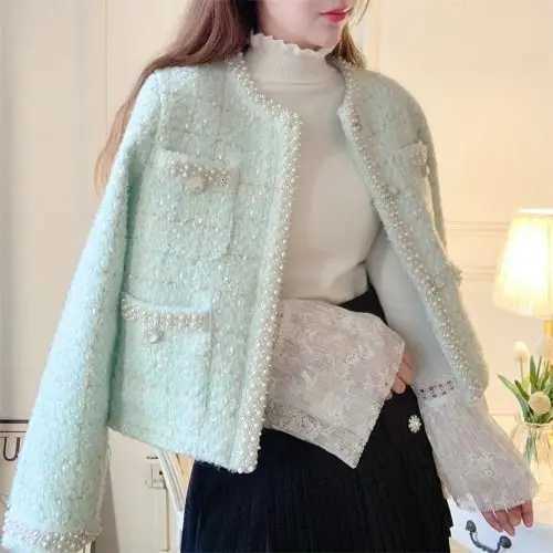 Women Coarse Tweeds Pearls Beaded Jacket Woolen Plaids Weaved Cardigan High Waist Rhinestones Beading Crystal Buttons Coat Tops Z250918