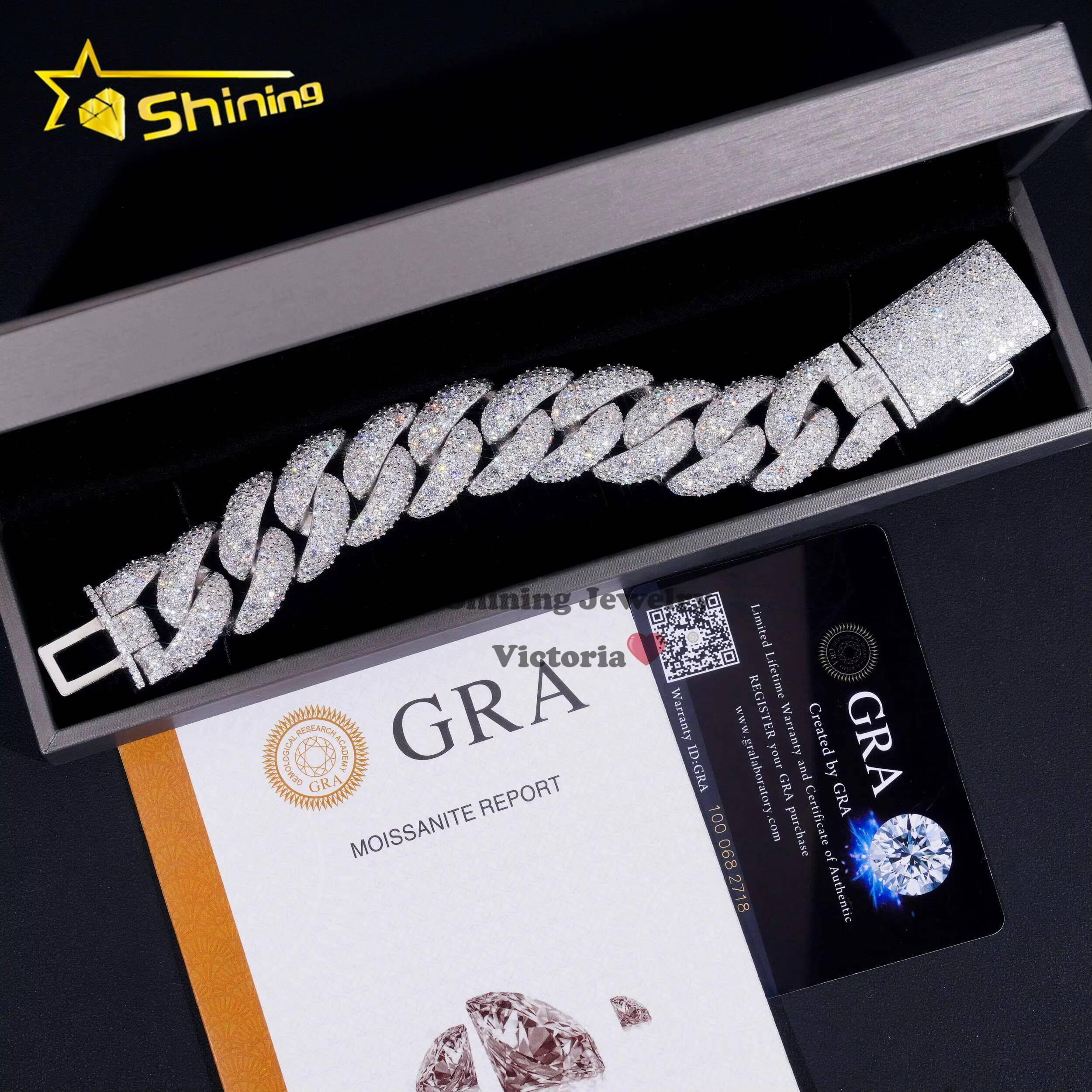 Luxury Hip Hop Style Jewelry Custom Lack 925 Silver White Gold Plated 23MM Moissanite Diamond Cuban Link Bracelet Mens