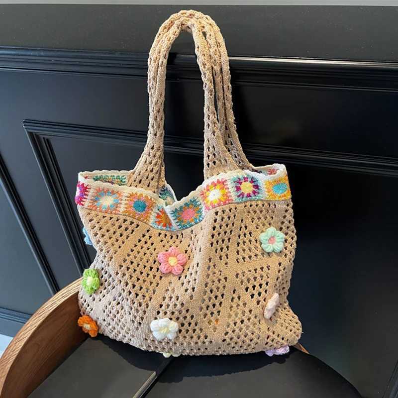 Out Crochet Flower Beach Tote Bag Colorful Beads Floral Trim Natural Straw Crochet Shoulder Bag for Women Casual Bag for Travel Z250915