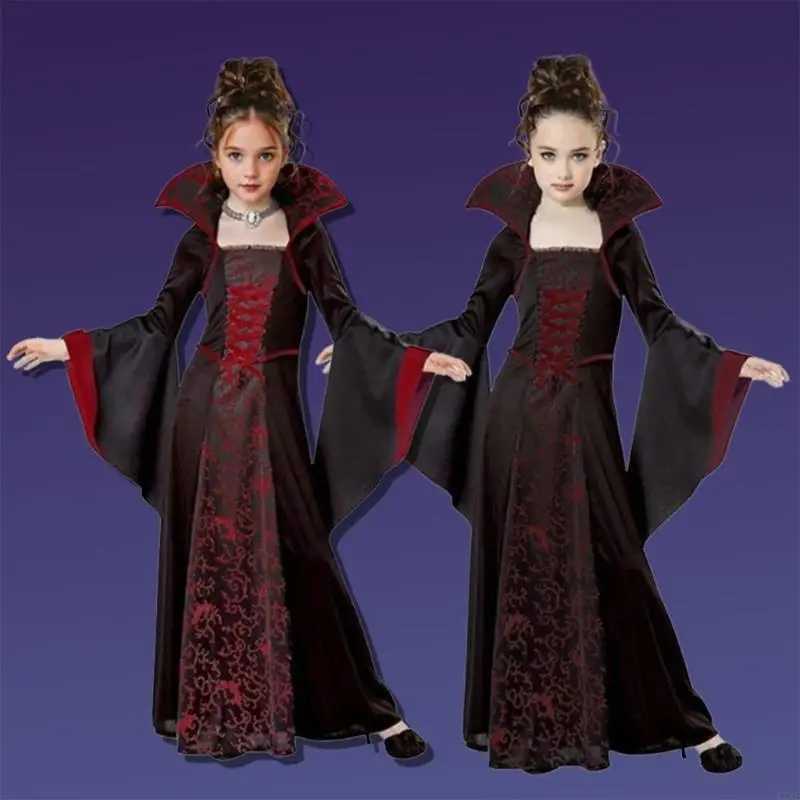 Y3NE Children Halloween Witch Dress Floral Lace Up Witch Dress with Sleeve L250918
