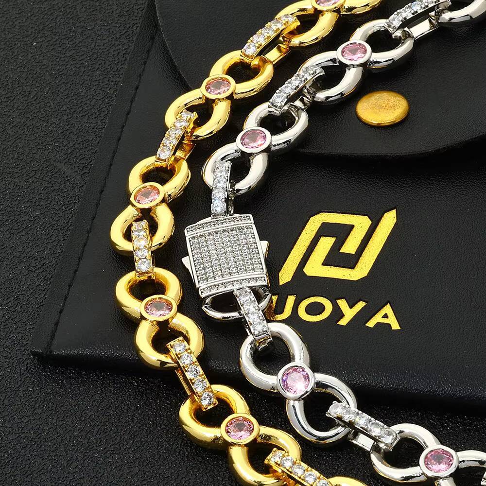 NUOYA Womens Hip Hop Diamond Bracelet Gold Plated Pink Moissanite Infinity Link Chain Elastic Clasp Chain Bracelet Jewelry for Gift