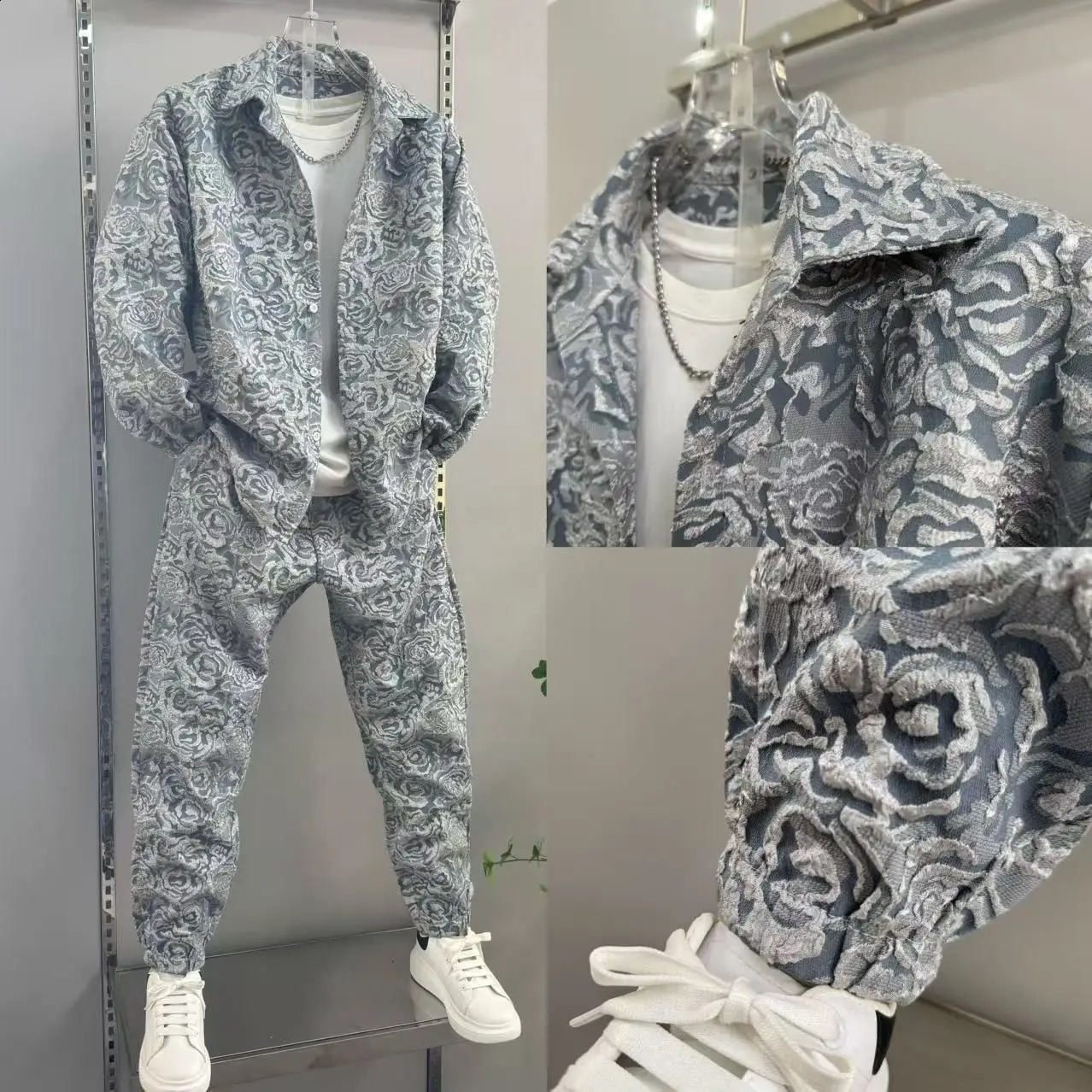 Spring and Autumn Mens Casual Suit Lapel Jacquard Shirt Trousers Twopiece Set Comfortable Loose 250916