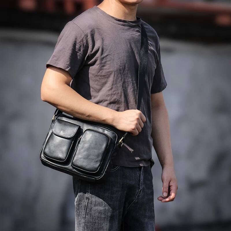 Men's Genuine Leather Shoulder Casual Fashion Crossbody Natural Cowhide Daily Messenger Bag Black Trend Satchels