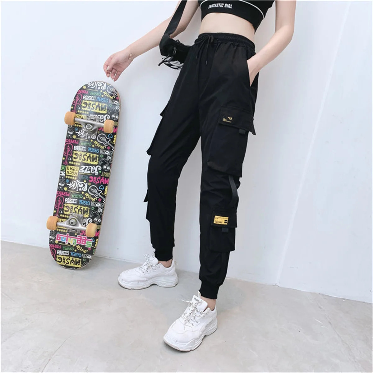 Black Cargo Pant Casual Joggers High Waist Loose Female Hip Hop Trousers Korean Punk Funny Streetwear Femme 250917