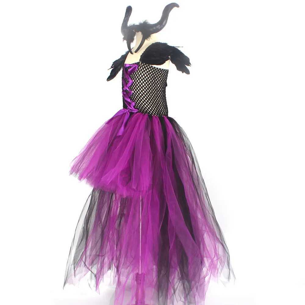 Purple Devil Queen Tutu Mesh Costume Halloween Girls Fancy Trailing Dress With Feather Shawl Royal Kids Ball Gown Robe Outfits L250918