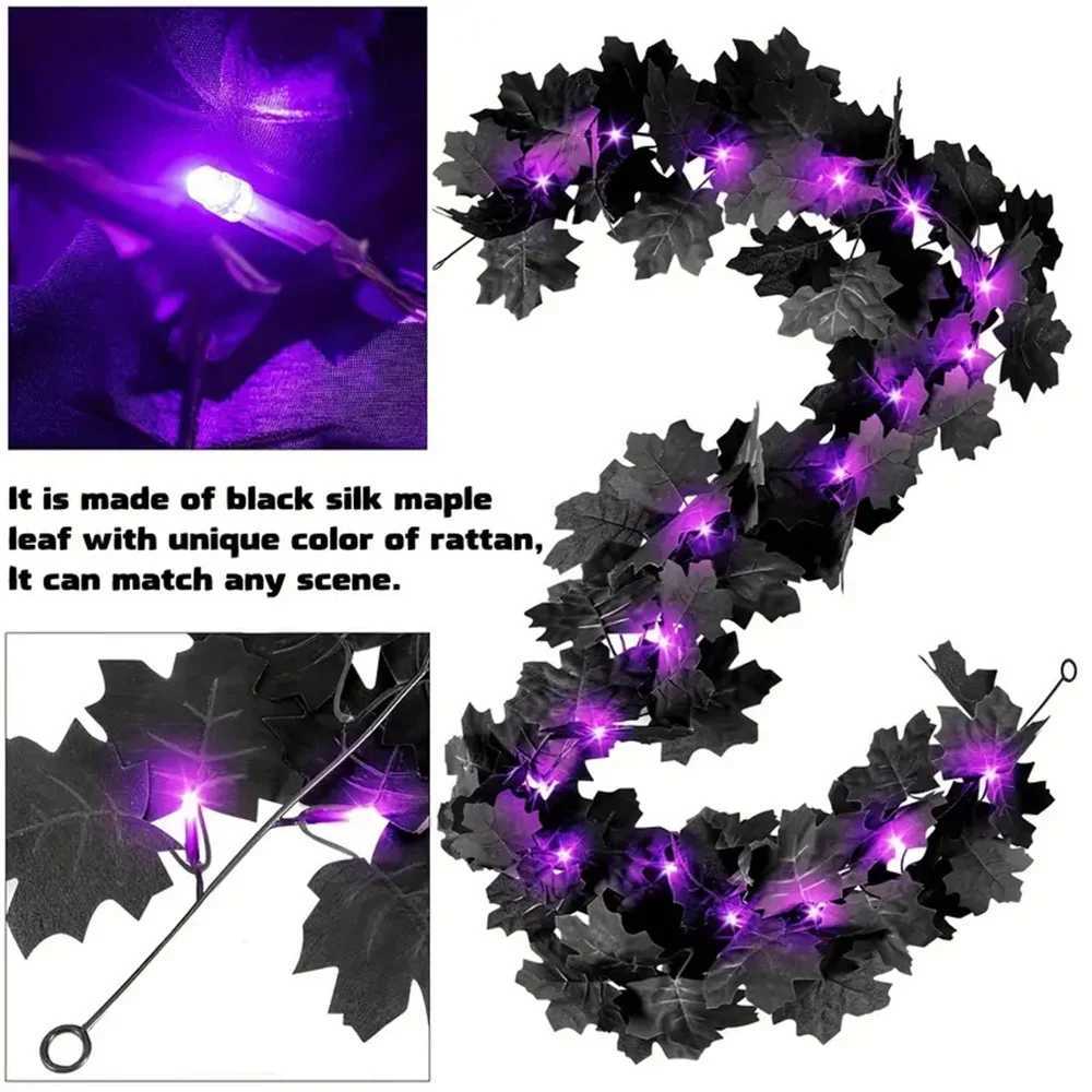 1pc Halloween Garland with Purple Lights Black Leaf Garland Black Artificial Maple Leaves Decor Home Mantle Stairs Indoor C250919