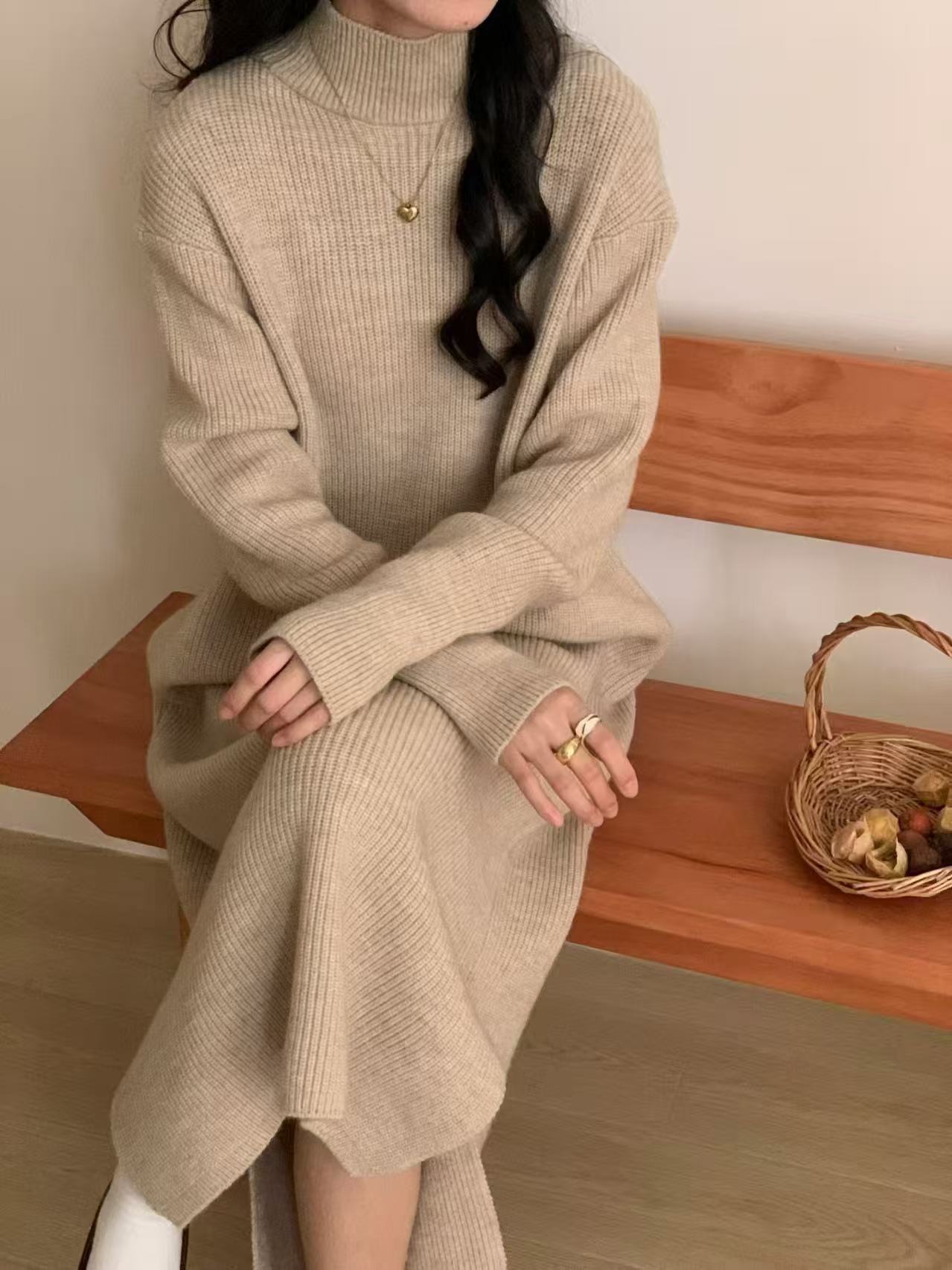 TB178 Thickened Knitted Sweater Dress with Side Slits and Long Sleeves