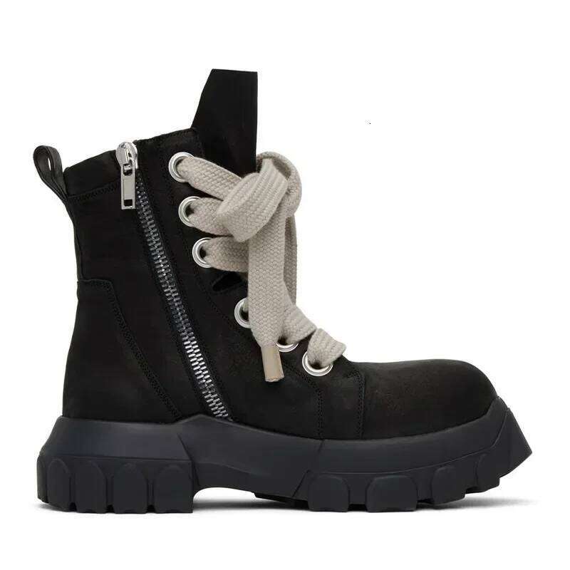 2025 Men's High Top Shoes Platform Sneakers Leather Jumbo Lace Up Chunky Sole Vintage Trendy Designer Black Boots