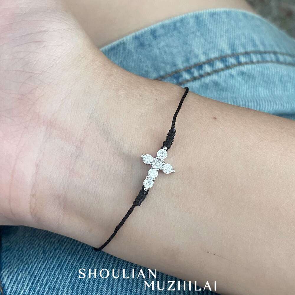 Light Ultra-Fine Rope Full Dia Cross for Women Simple Black Woven Bracelet Exquisite Niche Style Best Friend Gift