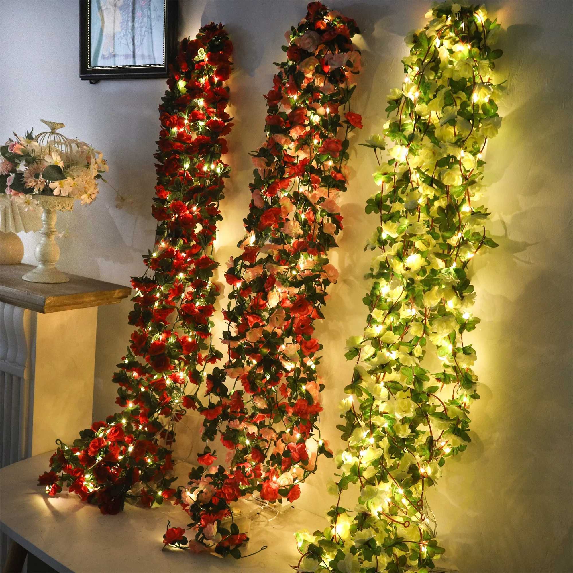 Rose String Lights Artificial Flowers Ivy Leaves LED Fairy Lights Wedding Garland Home Decoration Arch Hanging Wall Garden Decor C250919