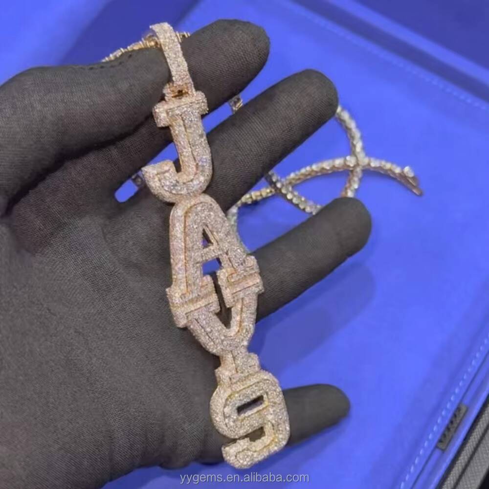 Custom Hip Hop Mens Fashion Vertical Setting Letters 925 Sterling Silver VVS Moissanite Diamond Name Letter Pendant