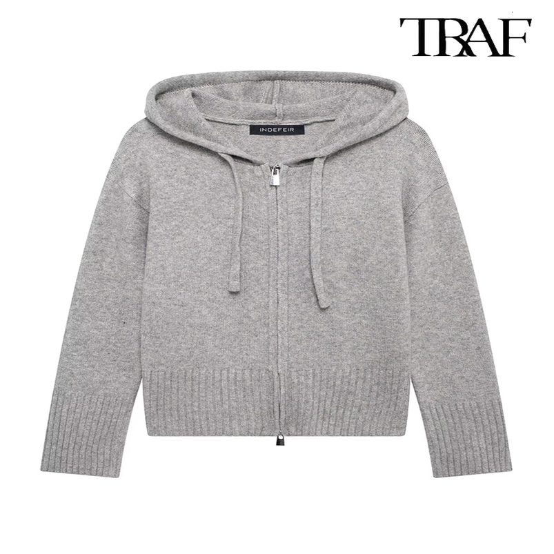 TRAF Womens Fashion FallWinter Minimalist Hooded Knit Cardigan Jacket Ribbed Hem Long Sleeve LaceUp Casual Sweater 250923
