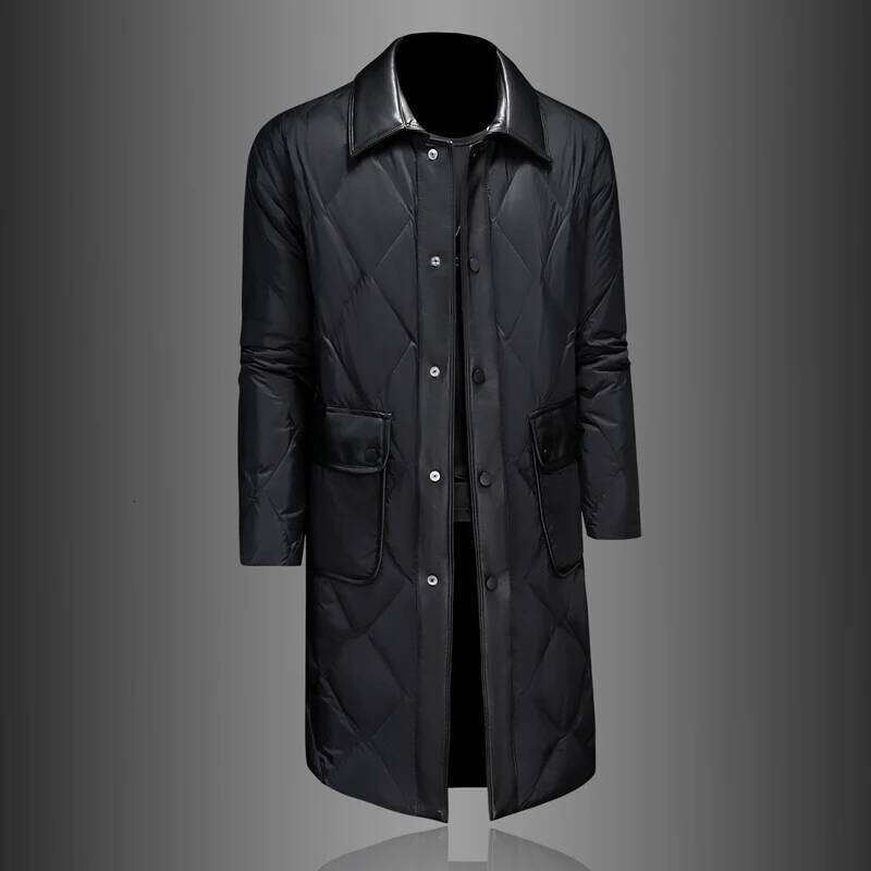Minglu White Duck Down Mid Length Men's Jackets Autumn Winter Pu Leather Single Breasted Male Coats Fashion Man Overcoats