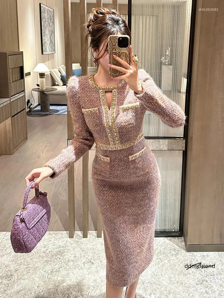 Two Piece Dress Women Clothes Vintage Tweed Hollow Sexy O-Neck Slim Midi Pencil Elegant Fashion Evening Party Vestidos Formal Ocn ddmyfriend