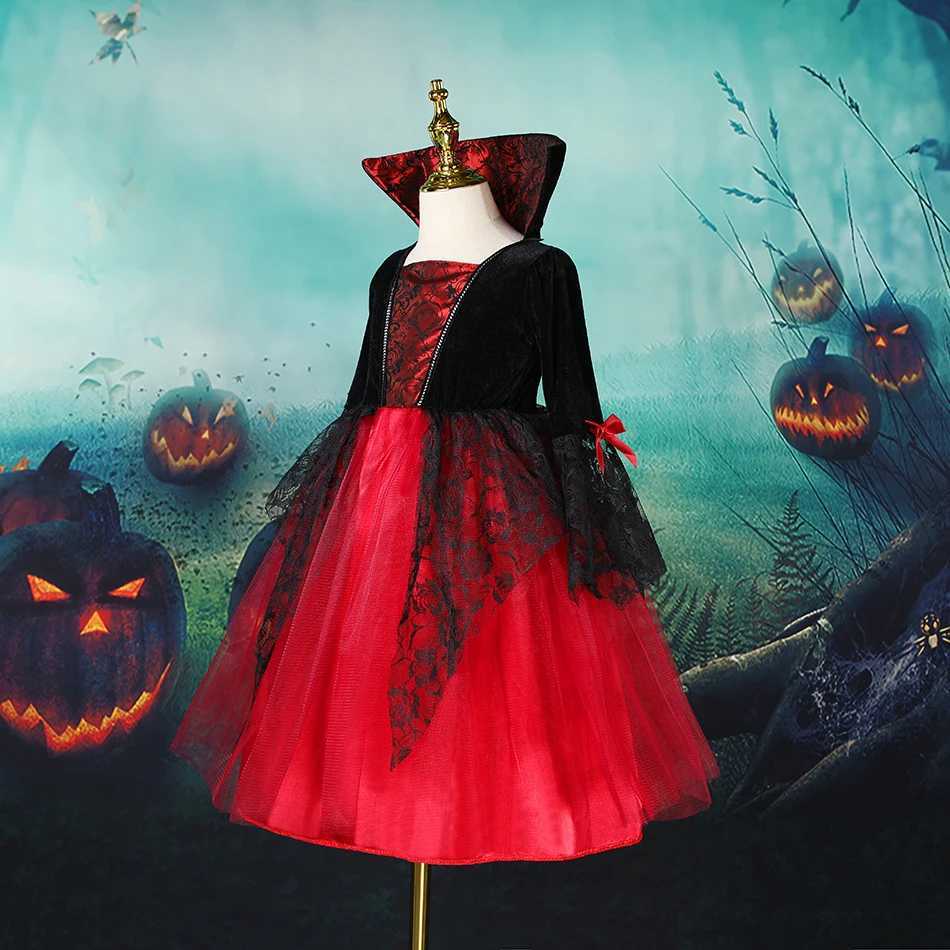 2025 Girls Cosplay Vampire Halloween Dress For Kids Ghost Bride Gothic Costume Count Vampiran Carnival Outfit Black Red Clothes L250918YTVZ
