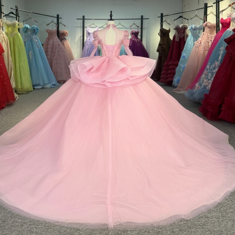 Pink Shiny Quinceanera Dresses Off The Shoulder Lace Beading Corset Tull Long Sleeves Party Birthday Sweet 16 Dress Vestidos De 15 Anos