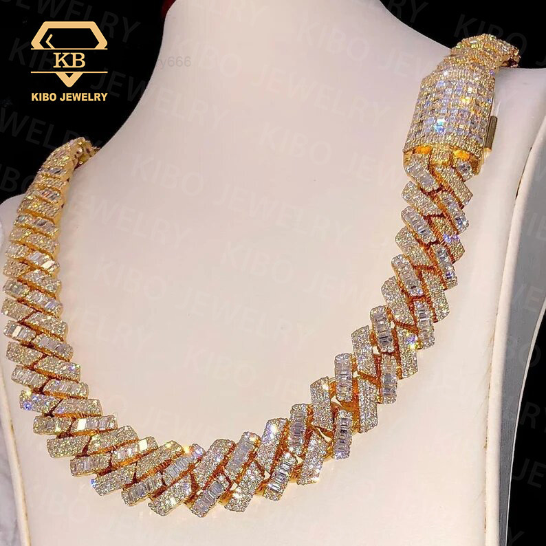 Vvs Iced Out Hip Hop 925 Silver Baguette Round Cut Moissanite Necklace Gra Diamond Moissanite Baguette Cuban Link Chain