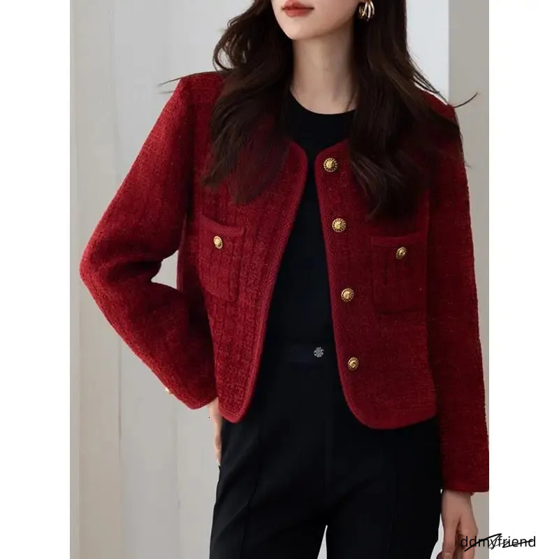 Vintage Tweed Jacket Women Autumn Red Single Breasted Short Coats Pockets Elegant Thickened Warm Female Lady Coat Mujer 240201 ddmyfriend