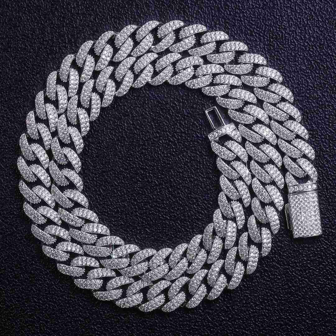 FaMoissaniteory Sales Diamond Tennis Chain 15mm 2Rows Hiphop Jewelry Moissanite Solid 925 Silver Plated White Gold Chain Necklace