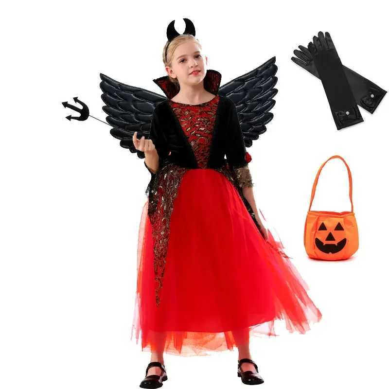 Halloween Vampire Costume Deluxe Carnival Party Black Trailing Mesh Dress Kids Cosplay Demon For Girls Boys Clothes Suit L250918