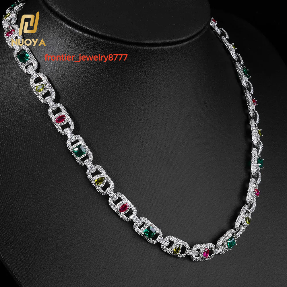 NUOYA Luxury Colorful Moissanite Cuban Chain Necklace Silver Plated Mixed Inlaid Iced Out Diamond Hip Hop Fine Jewelry