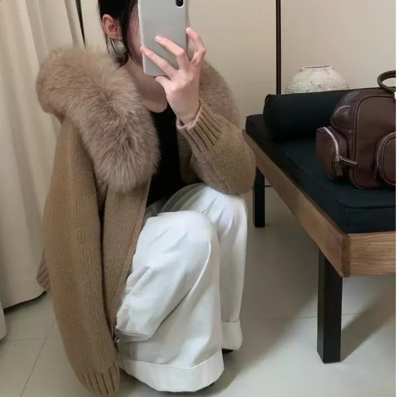 Double Zipper Vintage Cardigan Women Fur Collar Spliced Chic Sweater Hooded Casual Long Sleeve Knit Coat Thick Outerwear 250919