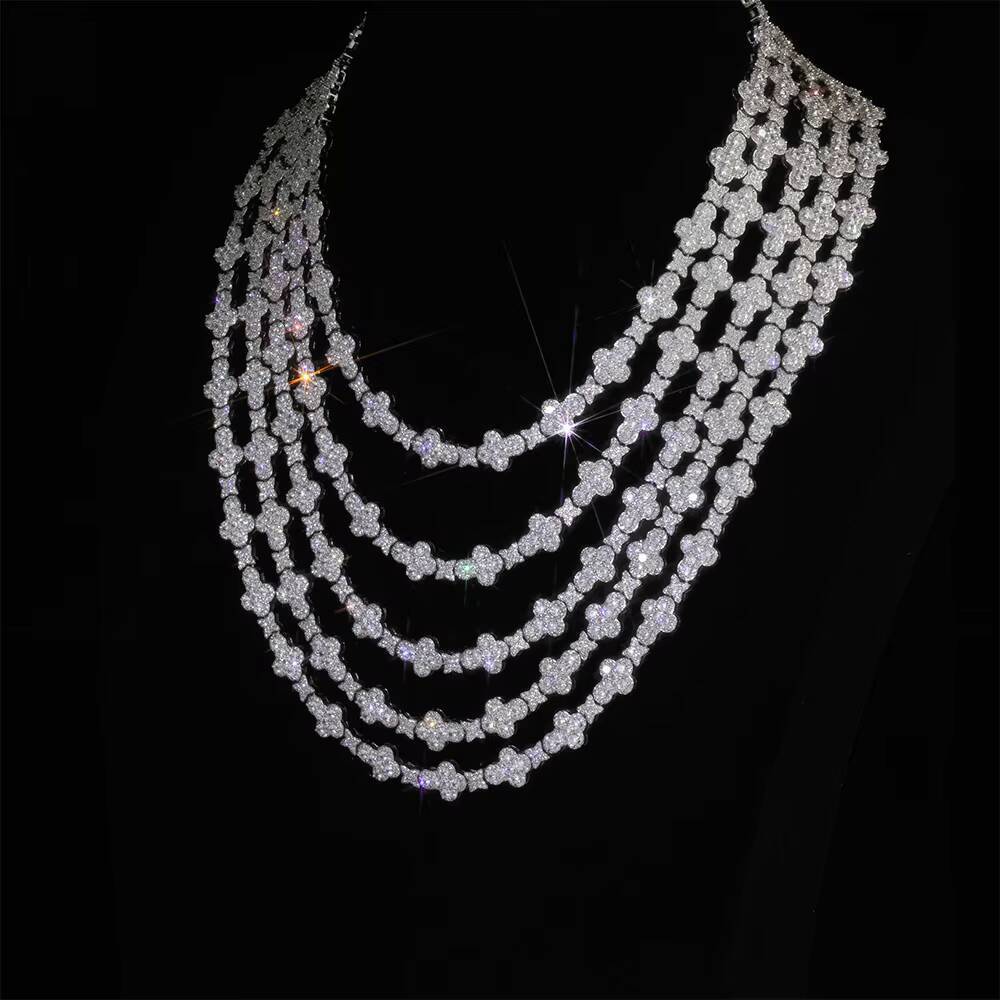 NUOYA Iced Out Full Pave Moissanite Choker Necklace Gold Plated with Diamond Cross Link Chain Flower Design Shiny Hip Hop Jewelry