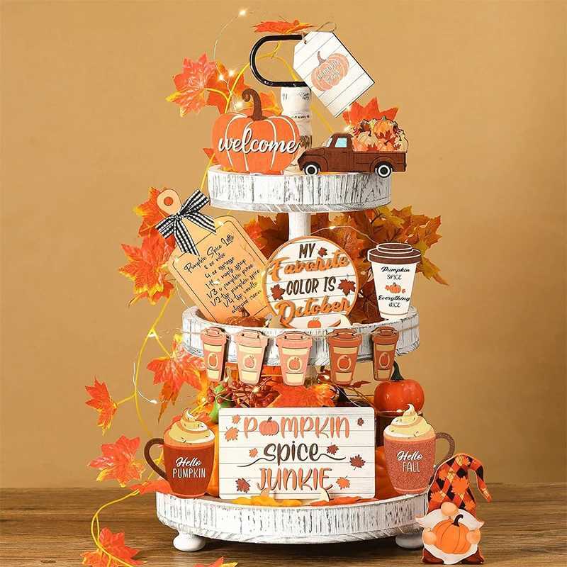 Thanksgiving Day Wooden Desktop Ornament Table Decoration Fall Harvest Tiered Tray Decor Pumpkin Maple Leaf Accents Farmhouse C250919