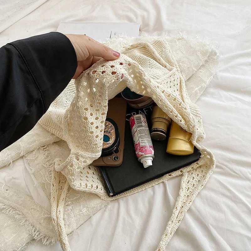 Solid Color Diamond Tote Bag Hollowed Out Knitted Sweater Handbag Casual Underarm Bag Large Capacity Shoulder Bag Z250915