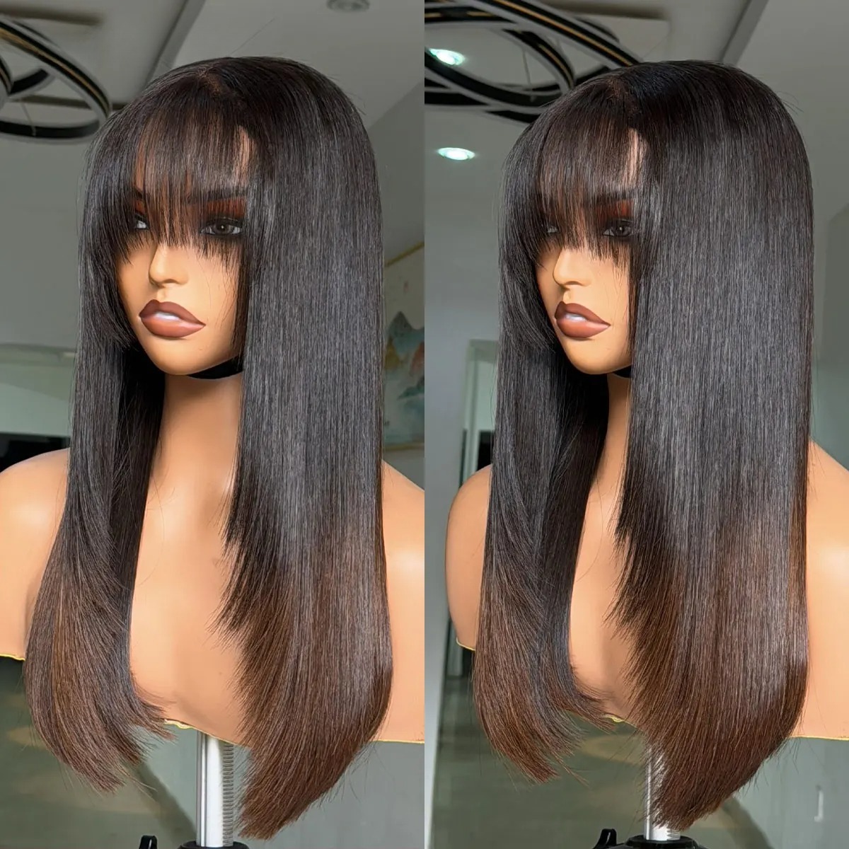 Ombre Brown Wig 13x6 HD Lace Frontal Wig With Bangs Layered Cut Straight Human Hair Wigs Brazilian 13x4 200% Density Glueless Ready To Wear for Wemon