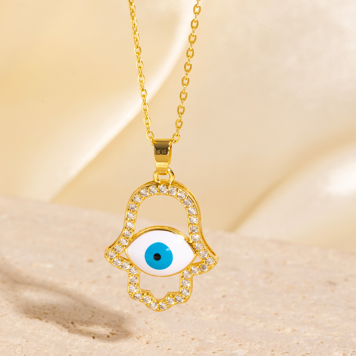 Gold - tone Hamsa Hand Pendant Necklace With Blue Eye And Glittering Rhinestones Cute Daily & Classy Jewelry Gift For Her High - Quality & Trendy Acce