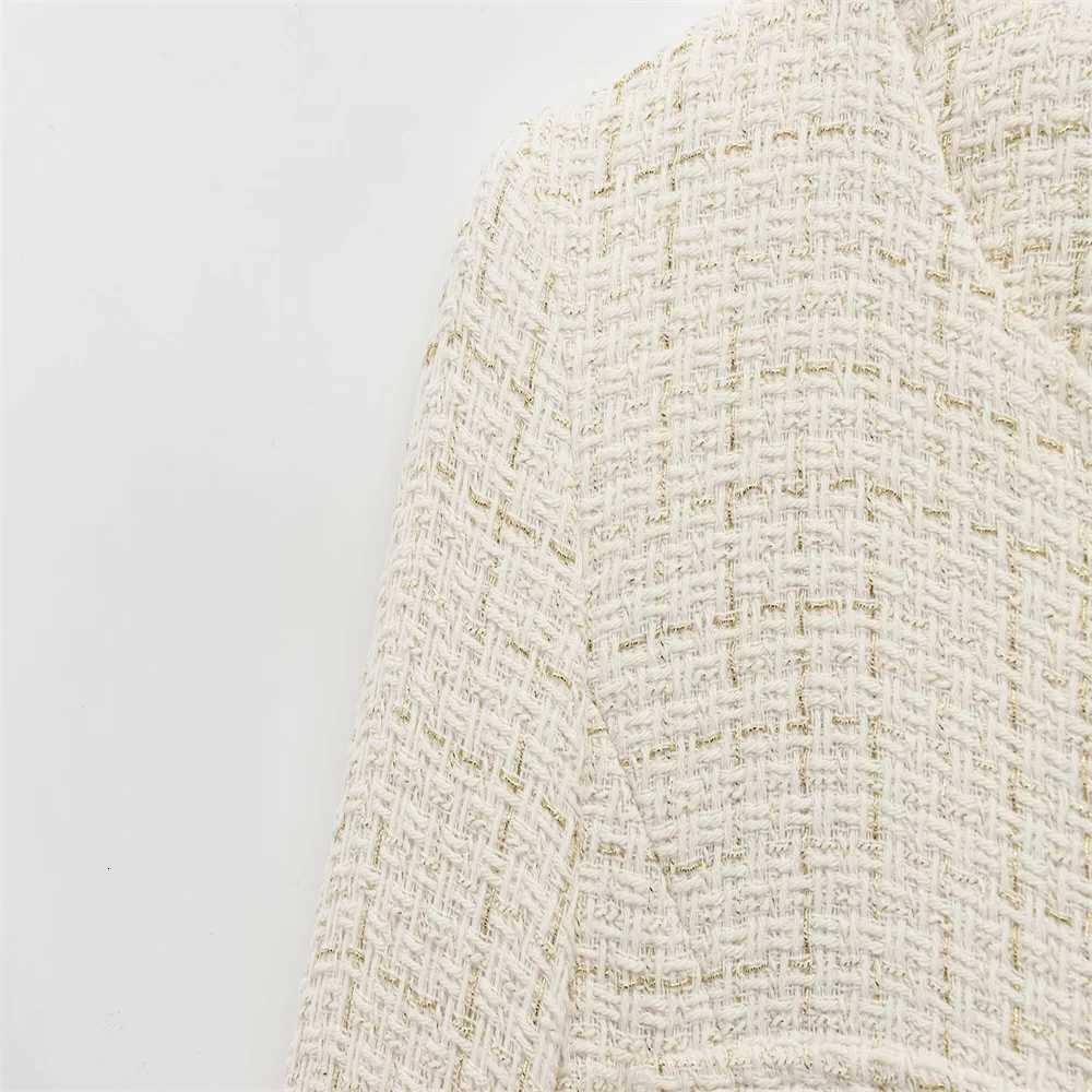 PBZA 2025 Women Beige Tweed Jacket with Gold Buttons and Belt Long Sleeves and Front Pockets for Sale on Z250918