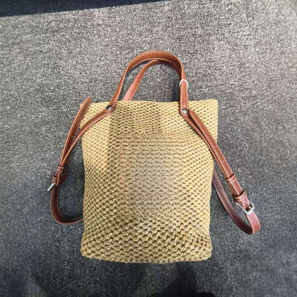 Raffia Straw Bucket Large Capacity Casual Vacation Patchwork Handbag Shoulder Underarm Crossbody Bag B5