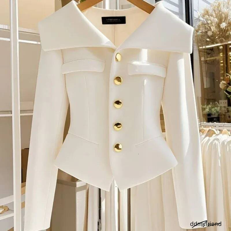 Women's Jackets High-End White Jacket Autumn Turndown Collar Short Tops Office Lady Blazer Button Women Clothing Trend Design ddmyfriend