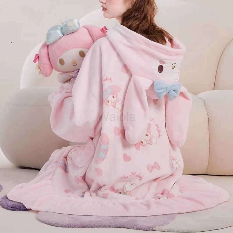 Sanrio New Autumn and Winter Fuzzy Nightgown Womens 2 Pcs Melody Pajama Set Student Cute Sweet Long Thick Plush Bathrobe Sleepwear Set L250919