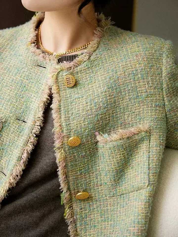 Korean Fashion Tweed Jackets Tops Women Casual Oneck Single Breasted Abrigos Spring Fall Elegant Long Sleeve Manteau Blusas New Z250918