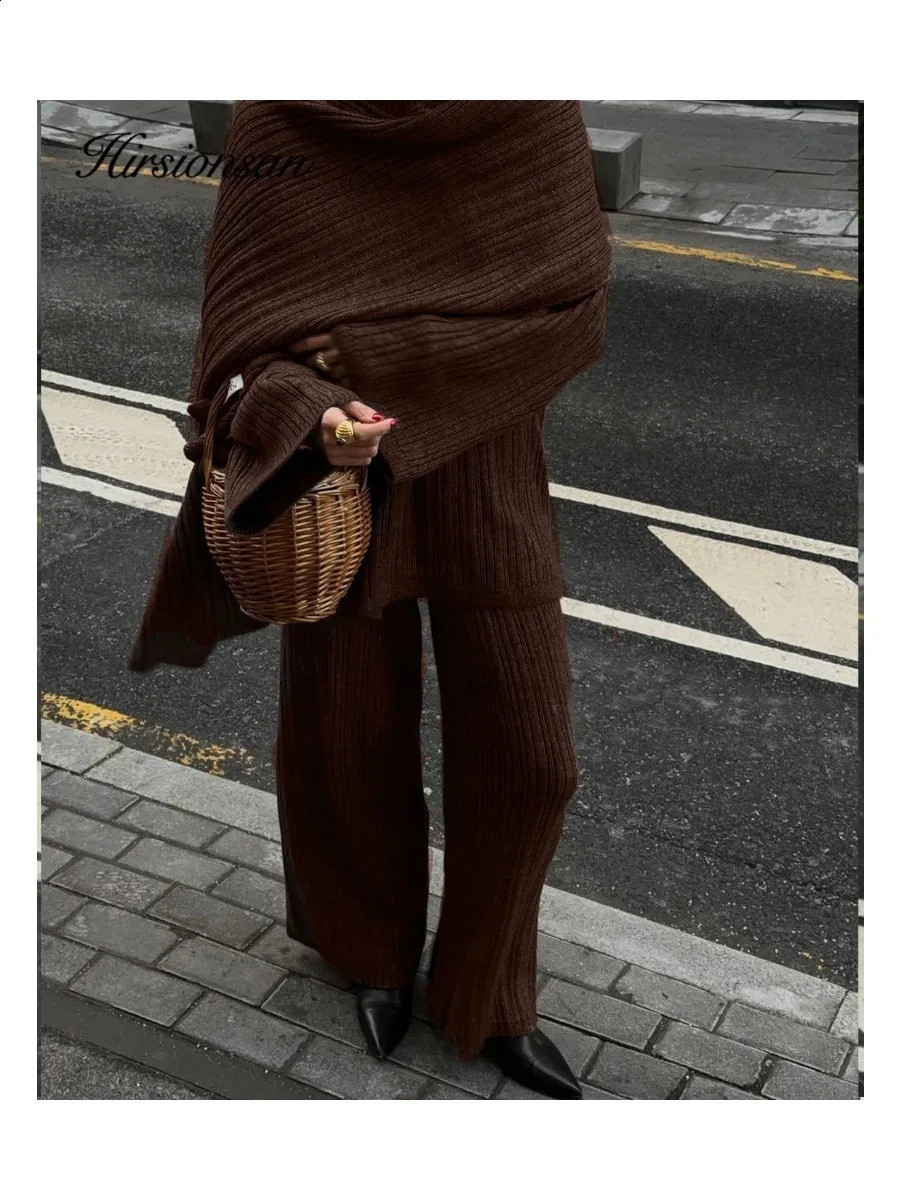 Hirsionsan Soft Elegant Vintage Women Suits 3 Pieces Female Sets O Neck Sweater Wild Leg Pants with Scarf Knitted TrackSuit 250917