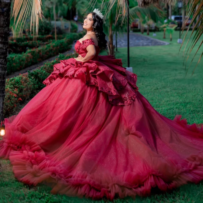 Red Shiny Quinceanera Dresses Off The Shoulder Applique Lace Bow Beads Tiered Tull Party Birthday Sweet 16 Dress Vestidos De 15 Anos