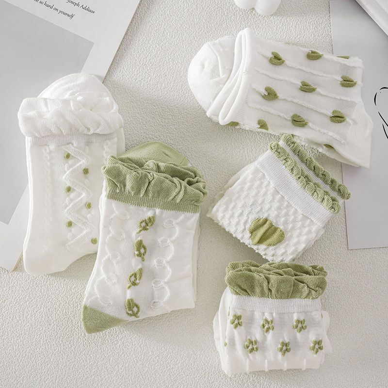White Women Versatile Mid-Calf High-Value Mori Style Spring Summer Long Socks for Girls Green Breathable Fresh Floral