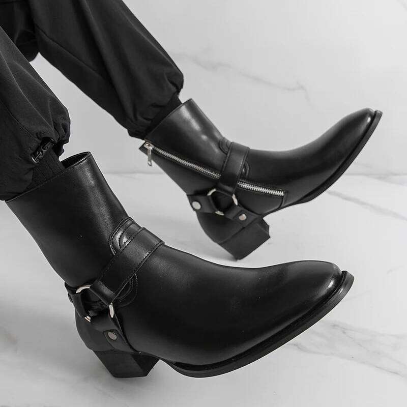 Autumn Fashion Brand Breathable Outdoor Cowboy Boots Classic Black Men Comfortable Side Zipper Pointed High Top Leather Shoe