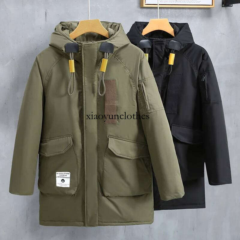 Men's Raglan sleeve Middle length Hooded Coat Winter White Duck Down Jackets Army green Thick Warm Parkas Large pocket Outerwear