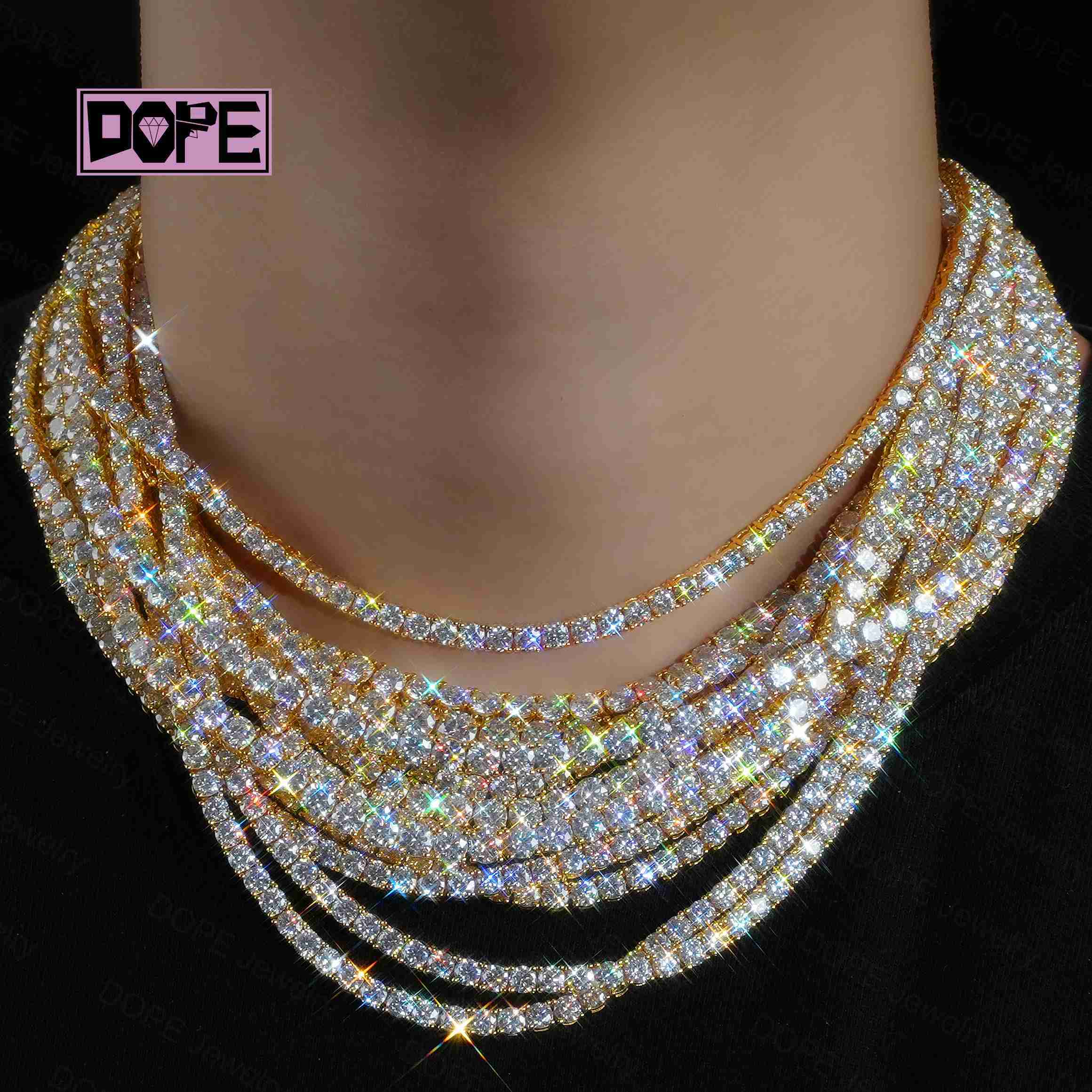 FaMoissaniteory Moissanite Chain 4mm 5mm Vvs Iced Out Necklace 925 Silver 14k 18k Gold Plated Moissanite Tennis Chain