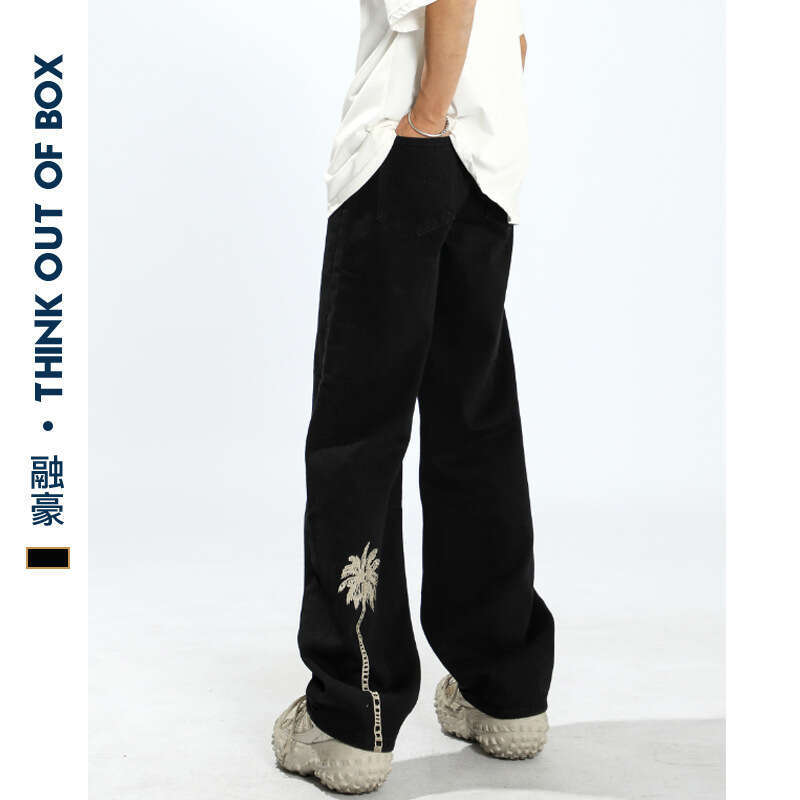 American Style Loose Coconut Tree Embroidery Jeans Men High Street Casual Casual Wide Leg Black Straight-Leg Pants B5