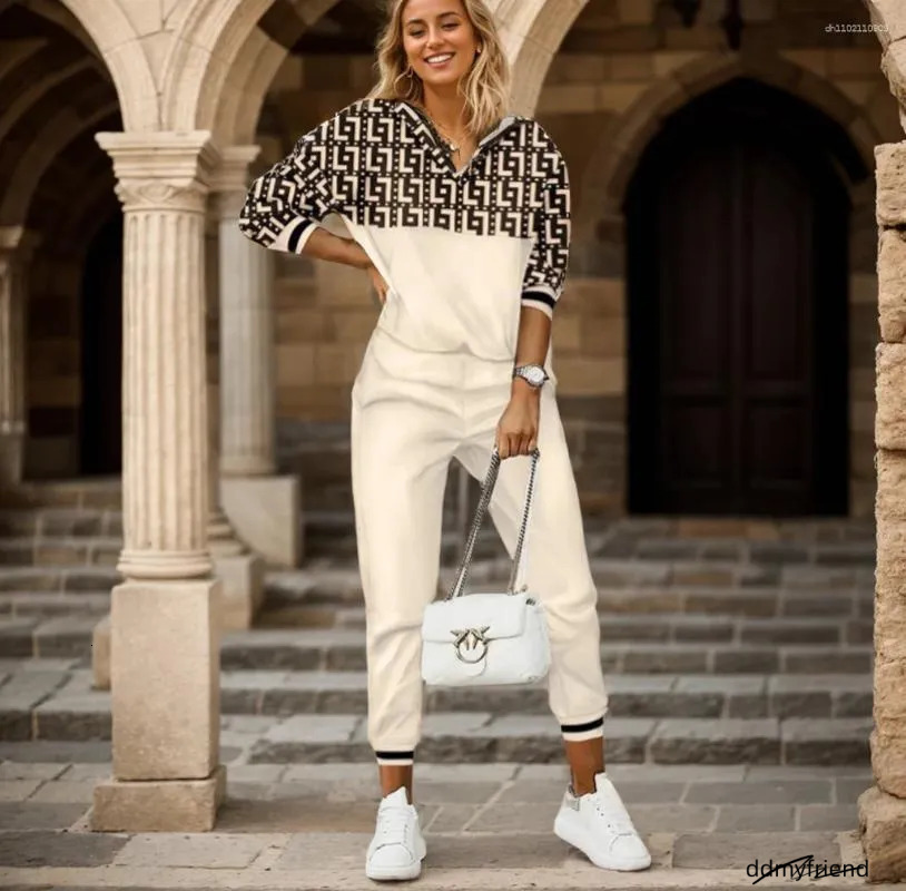 Women's Tracksuits Women Two Piece Set Tracksuit Spring Autumn Fashion Chain Print Long Sleeve Top Pencil Pants Ladies Casual Sport Outfits ddmyf