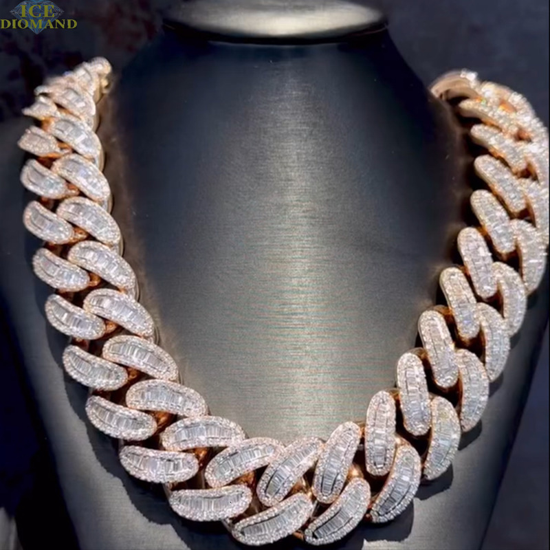 High Quality Rangular Fudge Iced VVS Moissanite Cuban Link Prong Inlaid 925 Silver Plated 18K Real Gold Cuban Necklace
